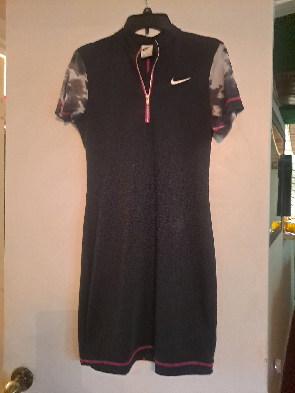 Nike Black Mini Athletic Dress with Tie-Dye Sleeves and Pink Trim